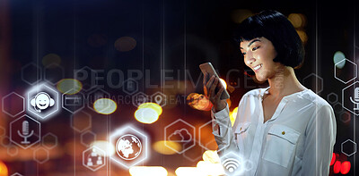 Buy stock photo Woman, phone and digital transformation in the night city for networking, global communication or technology software icons. Female in futuristic big data, social media or innovation on smartphone