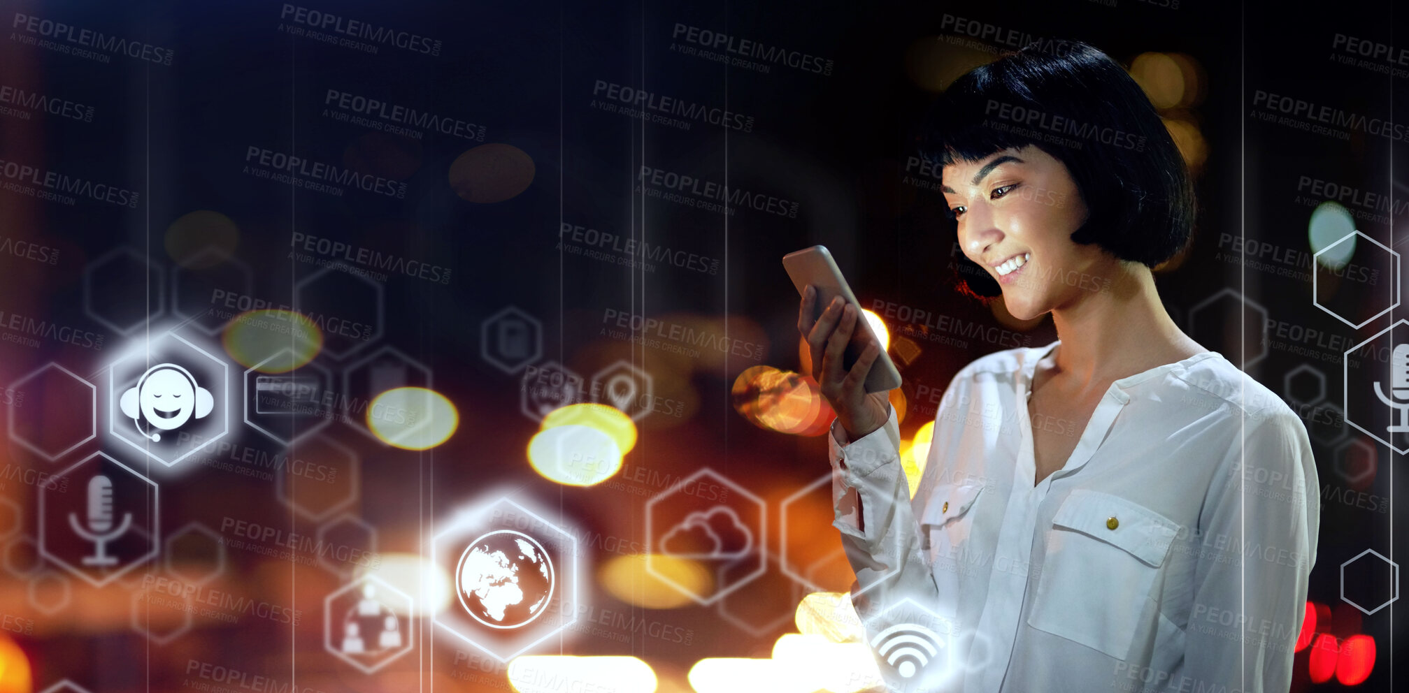 Buy stock photo Woman, phone and digital transformation in the night city for networking, global communication or technology software icons. Female in futuristic big data, social media or innovation on smartphone