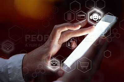 Buy stock photo Hands, phone and software icons on mockup screen for social media, networking or digital transformation. Hand of person touching futuristic smartphone display for big data, innovation or advertising