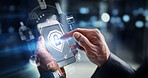 Hands, phone and digital transformation for cybersecurity, mobile app or technology icons at night. Hand of person on futuristic smartphone, lock screen or biometrics in big data or virtual IoT