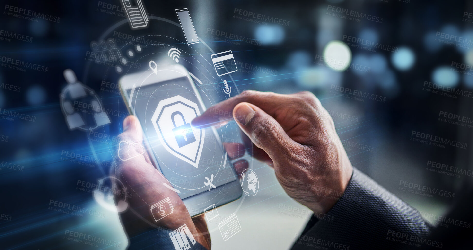Buy stock photo Hands, phone and digital transformation for cybersecurity, mobile app or technology icons at night. Hand of person on futuristic smartphone, lock screen or biometrics in big data or virtual IoT