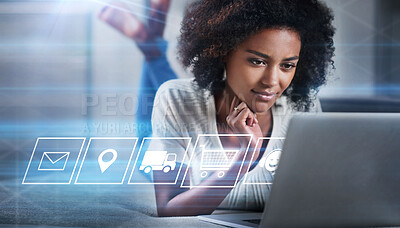 Buy stock photo Woman, laptop and digital transformation on bed for ecommerce, networking or transportation icons. Female online shopping on computer in futuristic big data, innovation or IoT and market app at home
