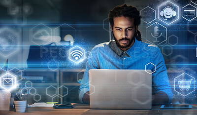 Buy stock photo Black man in business, app icons with laptop and digital transformation, information technology and global network. Hologram, 3D and overlay with wifi, software and futuristic with cloud computing