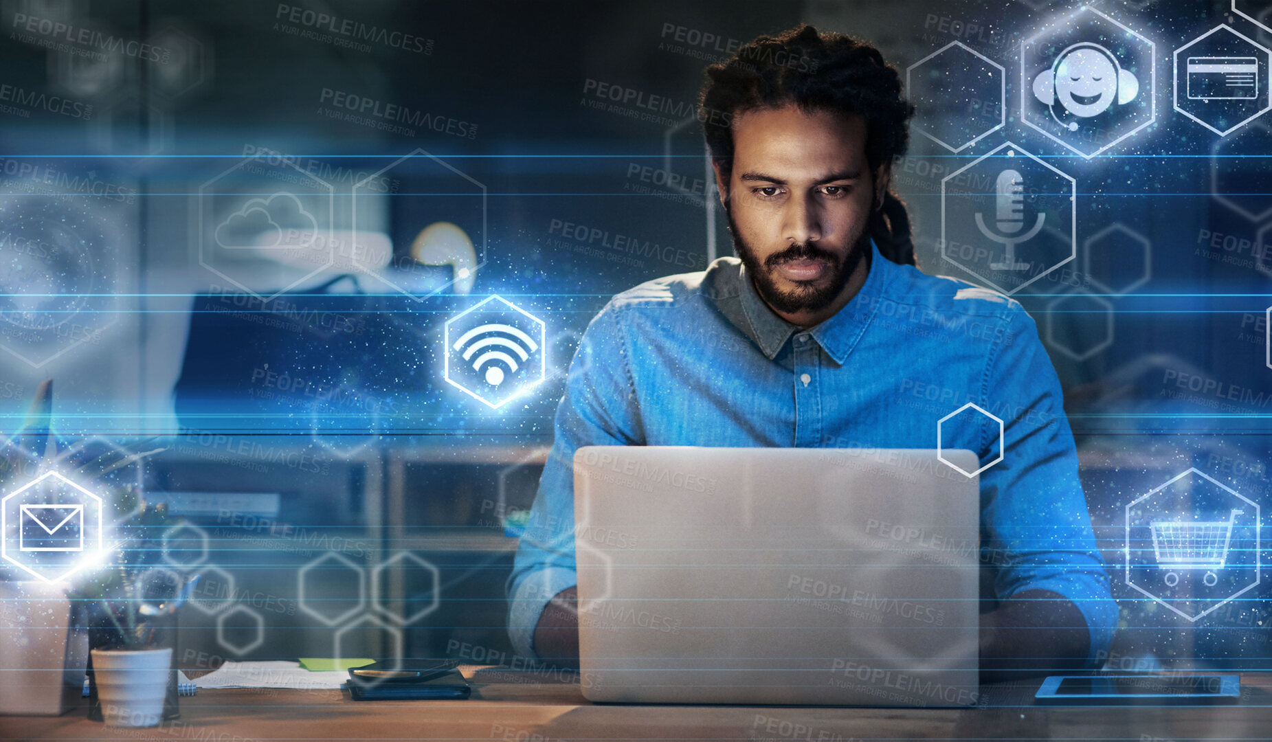 Buy stock photo Black man in business, app icons with laptop and digital transformation, information technology and global network. Hologram, 3D and overlay with wifi, software and futuristic with cloud computing