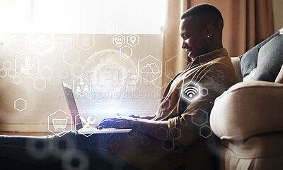 Buy stock photo Digital app overlay, global computer infographics and black man working in living room. Online data hologram, cloud computing and information technology of a remote worker doing web research at home