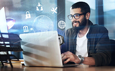 Buy stock photo Business, hologram and man with laptop, icons and connection for social media, typing and futuristic. Male employee, leader and manager with device, holographic and data analysis for communications