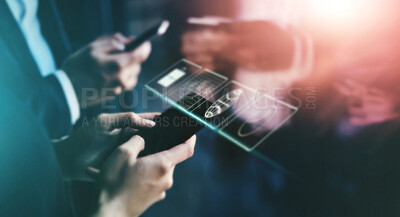 Buy stock photo Technology abstract, mobile app hologram and hands with phone for networking, software and communication. Digital mockup, futuristic 3d icons and smartphone for internet, connection and social media