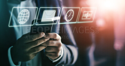 Buy stock photo Business man, phone in hands and app, technology abstract with hologram, communication and 3D. Digital overlay, clock and email with internet, mockup and futuristic with connectivity and wifi to chat