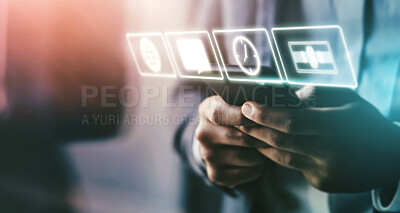 Buy stock photo Business man, mobile app icons and technology abstract with hologram, communication and 3D, chat and email. Digital overlay, smartphone in hands and mockup space, futuristic with connection and wifi