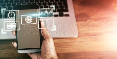 Buy stock photo Technology hologram, app and hands with phone for networking, software and web research. Communication, futuristic 3d digital icons and mockup smartphone for internet, connection and social media