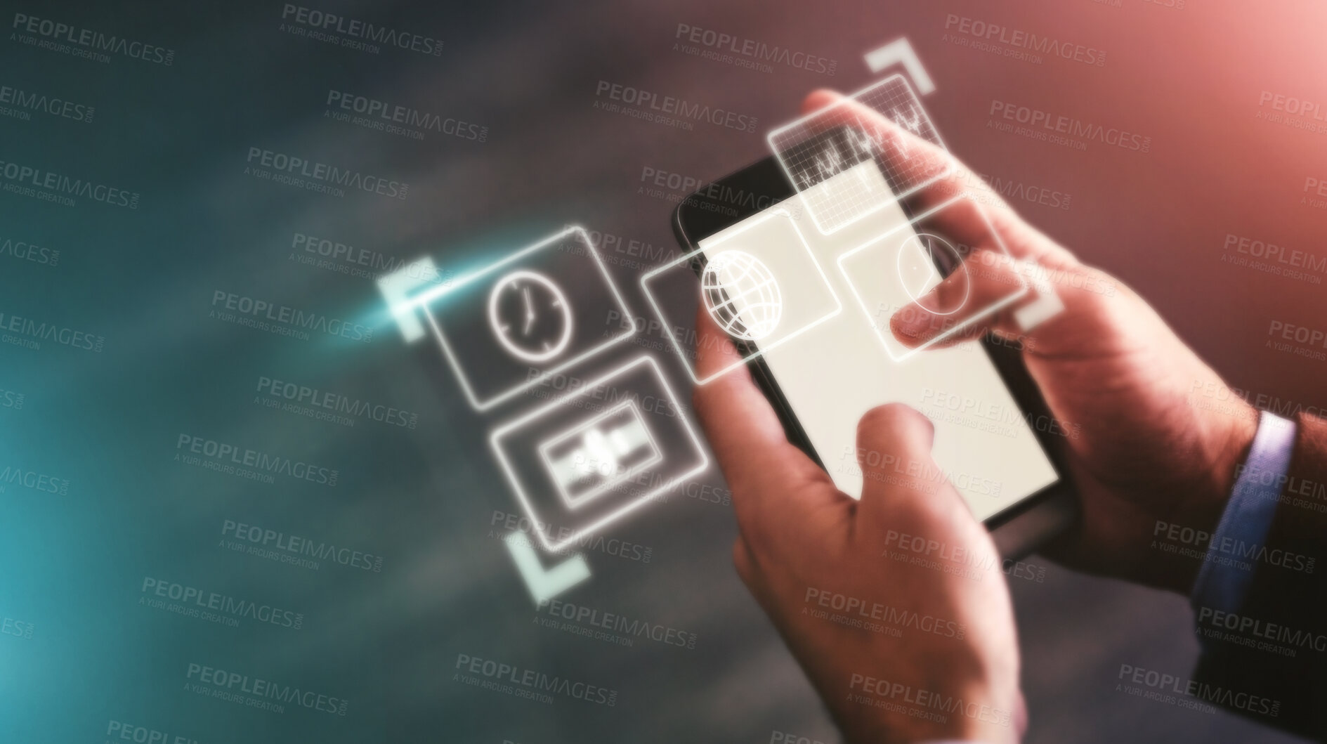 Buy stock photo Business man, mobile app icons and technology abstract with hologram, communication and 3D, chat and email. Digital overlay, smartphone in hands and mockup space, futuristic with connection and wifi