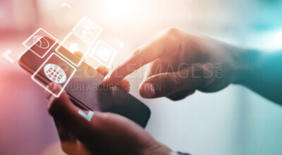 Buy stock photo Business man, app icon and technology abstract with hologram, communication and 3D, chat and email with internet. Digital overlay, smartphone in hands and scroll, futuristic with connection and wifi