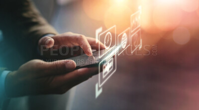 Buy stock photo Hologram, hands and smartphone with connection, futuristic and typing for social media. Closeup, cellphone and holographic for future communications, apps and device upgrade for software and texting