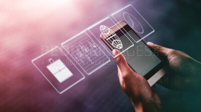 Buy stock photo App graphic, icon application and business man hands with phone and digital innovation data. Media application, mobile software and futuristic ai hologram for cloud computing and user networking