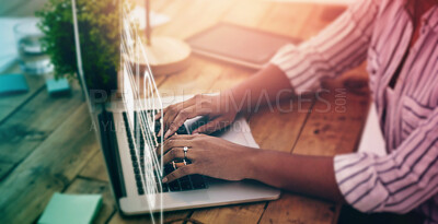 Buy stock photo Computer overlay, software hologram and woman hands typing with web design technology. Website, futuristic online app and digital transformation of a it employee working on ux database and iot