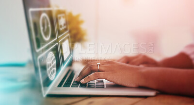 Buy stock photo Laptop icons, digital overlay and hands for networking app, email communication and time management. Woman typing on business computer, ui design and online interface for productivity and planning