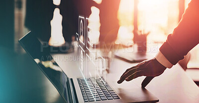 Buy stock photo Computer app overlay, business man hands and laptop data graphic in office with sunset. Cloud computing, website application strategy and iot research of fintech employee working on market search