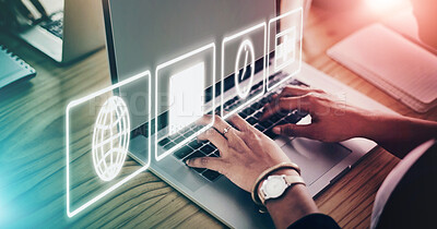 Buy stock photo Laptop icons, overlay and woman hands for networking app, email communication and digital time management. Worker typing on business computer with ui design. 3d hologram and internet productivity