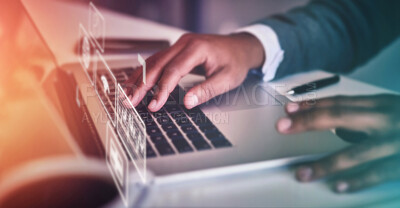Buy stock photo Business man typing, app overlay and laptop software hologram for information technology. Website, online cyber design and digital transformation of a it employee working on ux database and iot