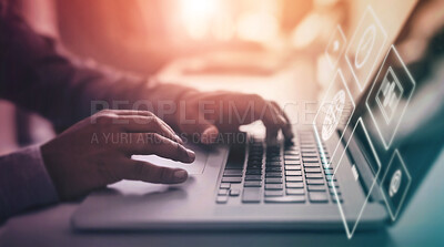Buy stock photo Laptop data overlay, web app hologram and man hands typing for information technology. Website, online cloud computing and digital transformation of a it employee working on ux database and iot