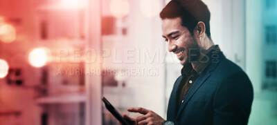 Buy stock photo Happy, phone and business man in office for innovation, networking and news mockup. Website, internet and technology with employee and focus for idea, project proposal and app management in company