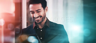 Buy stock photo Businessman, tablet and smile at night for communication, research or browsing at the office on mockup. Happy male employee smiling with touchscreen for online marketing, advertising or search