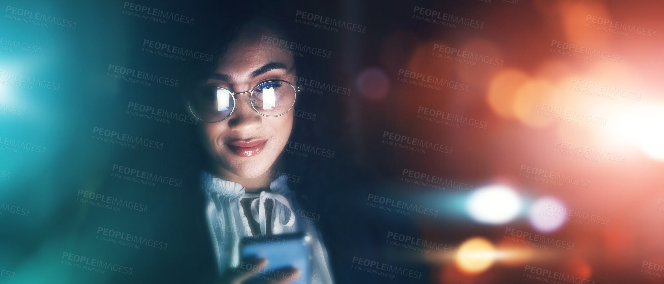 Buy stock photo Businesswoman, phone and communication at night for texting, chatting or networking on dark background. Female employee smile holding smartphone working late for online planning strategy on mockup