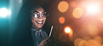 Businesswoman, phone and smile in communication at night for texting, chatting or networking on dark background. Happy female employee holding smartphone working late for online planning strategy