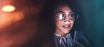 Business, black woman and phone communication at night for contact, typing or networking app. Female employee working late on smartphone, dark bokeh background or glasses to search internet on mockup