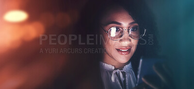 Buy stock photo Business, black woman and phone communication at night for contact, typing or networking app. Female employee working late on smartphone, dark bokeh background or glasses to search internet on mockup