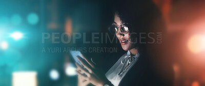 Buy stock photo Businesswoman, phone and communication at night for networking, chatting or texting on dark background. Female employee holding smartphone working late at the office for online planning strategy