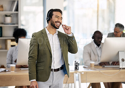 Buy stock photo Call center, happy and consulting with man in office for customer support, telemarketing and advisory. Help desk, team leader and contact us with employee laughing for communication, sales and crm
