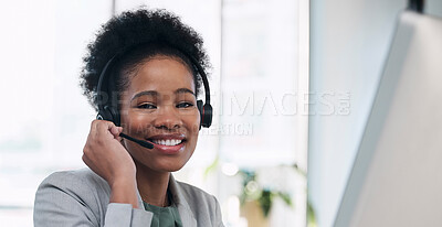 Buy stock photo Black woman, call center and smile by computer for telemarketing, customer service or support at the office. Portrait of African female consultant smiling with headset for marketing, help or advice