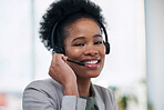 Black woman, call center and portrait smile for telemarketing, customer service or support at the office. Happy African female consultant or agent smiling with headset for marketing, help or advice