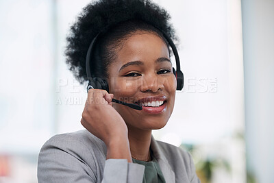 Buy stock photo Black woman, call center and portrait smile for telemarketing, customer service or support at the office. Happy African female consultant or agent smiling with headset for marketing, help or advice