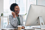 Black woman, call center and celebration for winning, promotion or sale in telemarketing at the office desk. Happy African female consultant or agent celebrating win, bonus or victory by computer