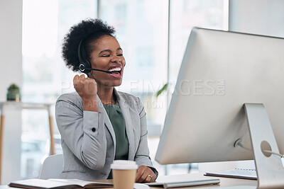 Buy stock photo Black woman, call center and celebration for winning, promotion or sale in telemarketing at the office desk. Happy African female consultant or agent celebrating win, bonus or victory by computer