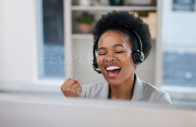 Buy stock photo Black woman, call center and celebration for winning, sale or promotion in telemarketing at the office desk. Happy African female consultant or agent celebrating win, bonus or victory by computer