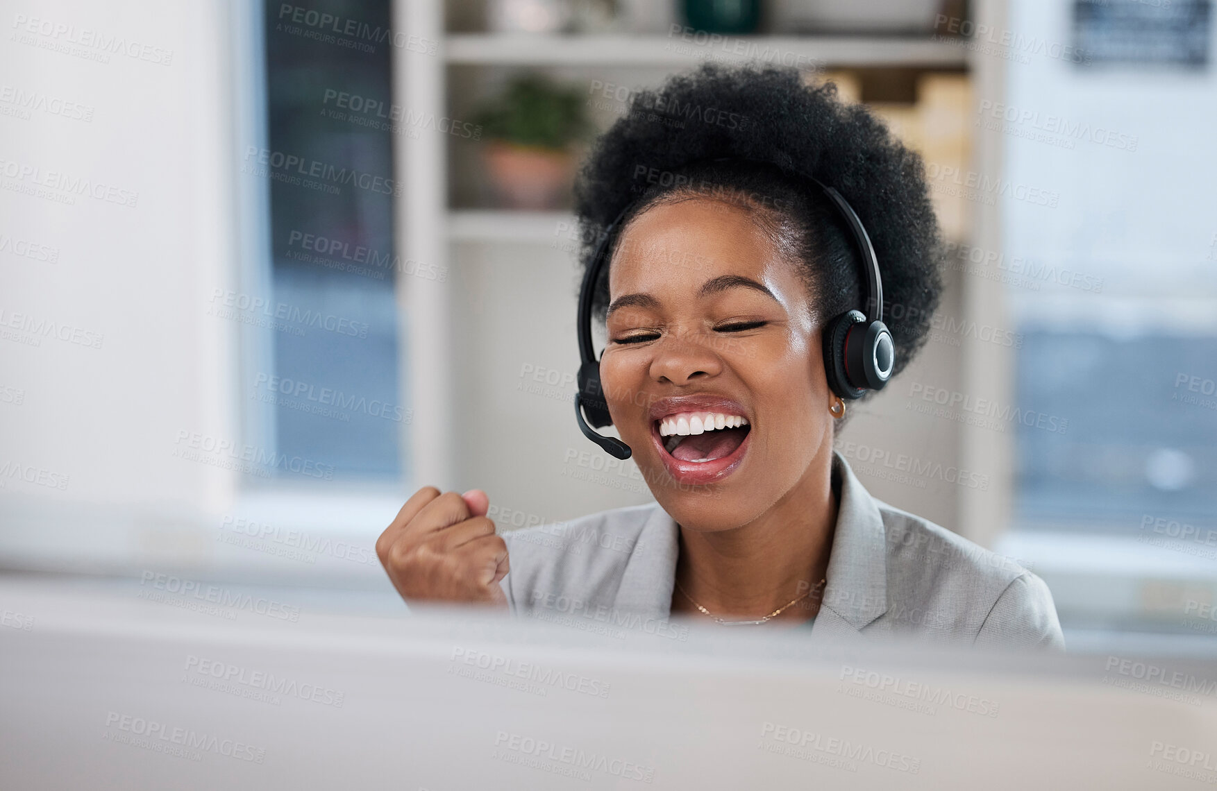 Buy stock photo Black woman, call center and celebration for winning, sale or promotion in telemarketing at the office desk. Happy African female consultant or agent celebrating win, bonus or victory by computer