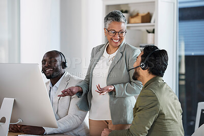Buy stock photo Business people, call center and CEO mentor coaching staff for telemarketing or customer service at office. Happy senior woman coach helping consultants in marketing, sales or contact us at workplace