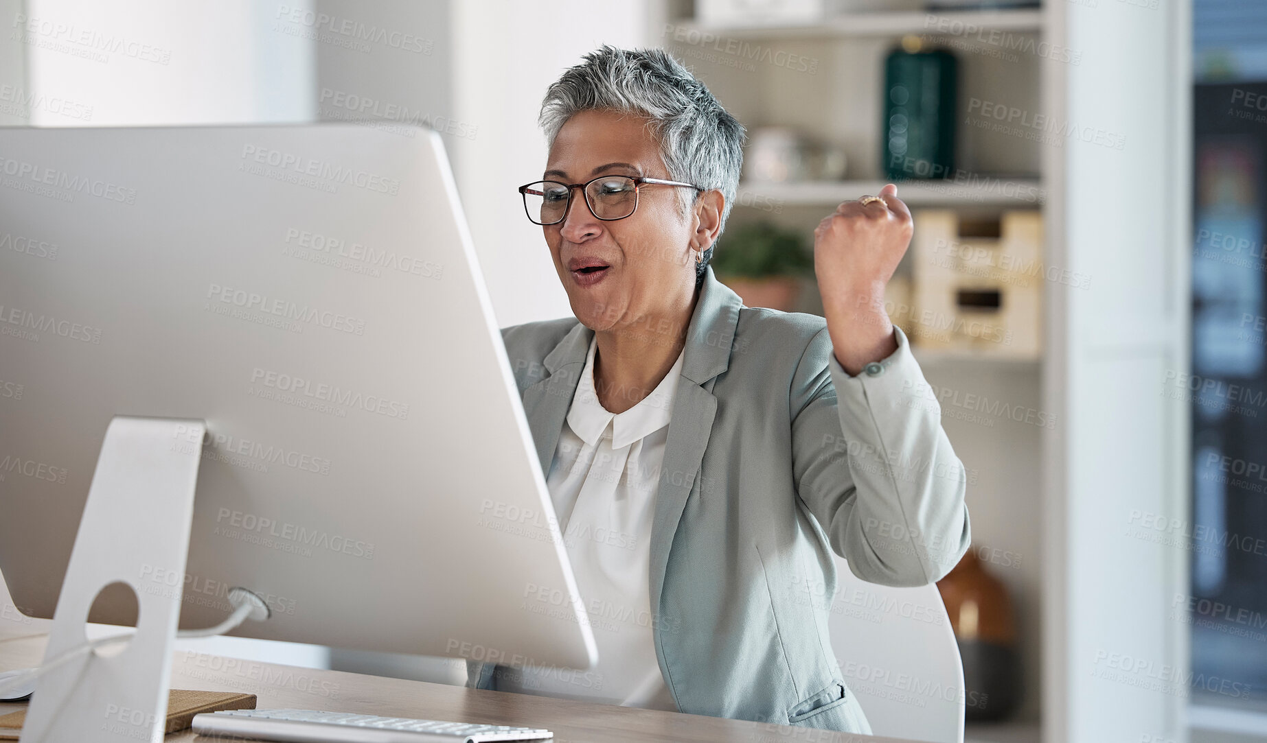 Buy stock photo Senior woman, call center and celebration for winning, sale or promotion in telemarketing at the office desk. Happy elderly female consultant or agent celebrating win, bonus or victory by computer