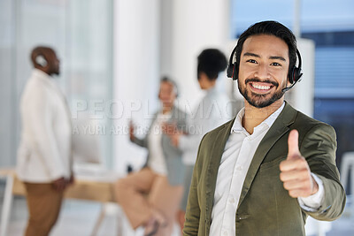 Buy stock photo Asian man, call center and portrait smile with thumbs up for good job, thank you or agree at the office. Happy male consultant or agent showing thumb emoji or sign for success, winning or yes at work