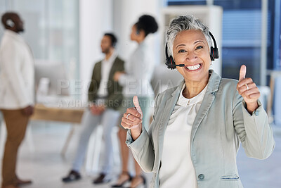 Buy stock photo Senior woman, call center and smile with thumbs up for good job, thank you or agree at office. Portrait of elderly female consultant or agent showing thumb emoji or sign for success, winning or yes