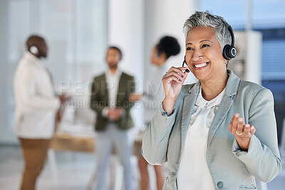 Buy stock photo Call center, happy communication and woman, consultant or agent in customer support, telemarketing and consulting. Senior business advisor, telecom person or friendly crm employee talking on headset