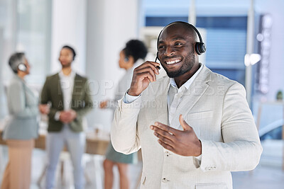 Buy stock photo Call center, customer service and support with a black man consulting working in a telemarketing office. Contact us, crm and questions with a male sales consultant at work in lead generation