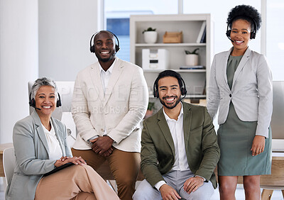 Buy stock photo Teamwork, smile and call center with portrait of people in office for customer support, contact us or telemarketing. Community, diversity and consulting with group of employee for sales and retail