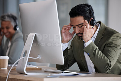 Buy stock photo Telemarketing, headache and man with stress, call center and burnout in office, overworked and fatigue. Male employee, consultant and agent for customer service, tech support and anxiety in workplace