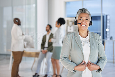 Buy stock photo Senior woman, call center portrait and teamwork in blurred background with smile, happiness and planning. Happy crm consultant, customer service expert and tech support in modern office at night