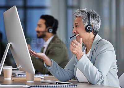 Buy stock photo Senior woman, call center and consulting in telemarketing, customer service or support at office desk. Happy elderly female consultant smile with headset for marketing, help or consultation advice