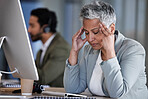 Headache, senior woman and business stress of office employee with work burnout. Mental health, working and anxiety problem of a elderly worker feeling frustrated from 404 computer glitch at company
